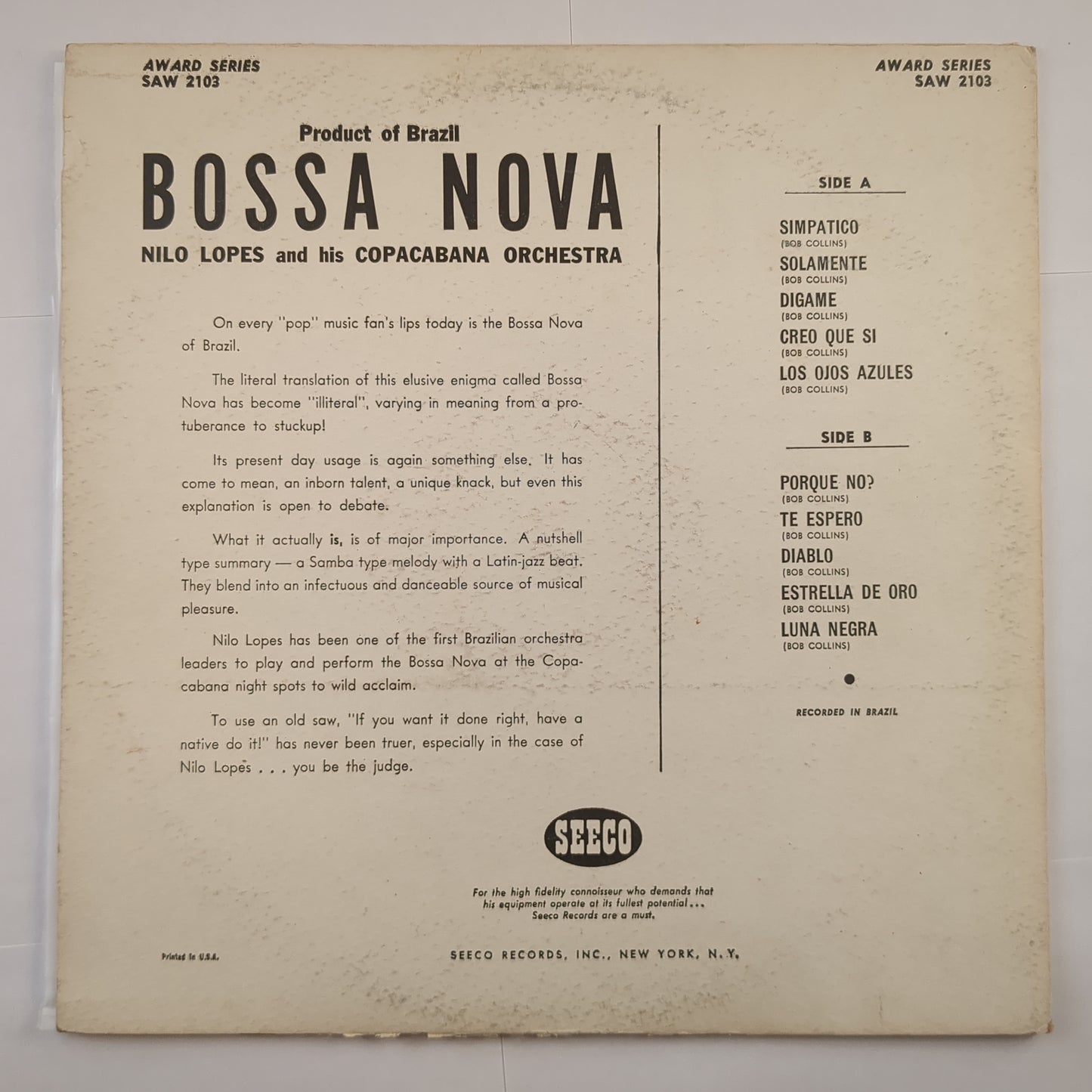 Nilo Lopes And His Copacabana Orchestra ‎– 'Product Of Brazil Bossa Nova'